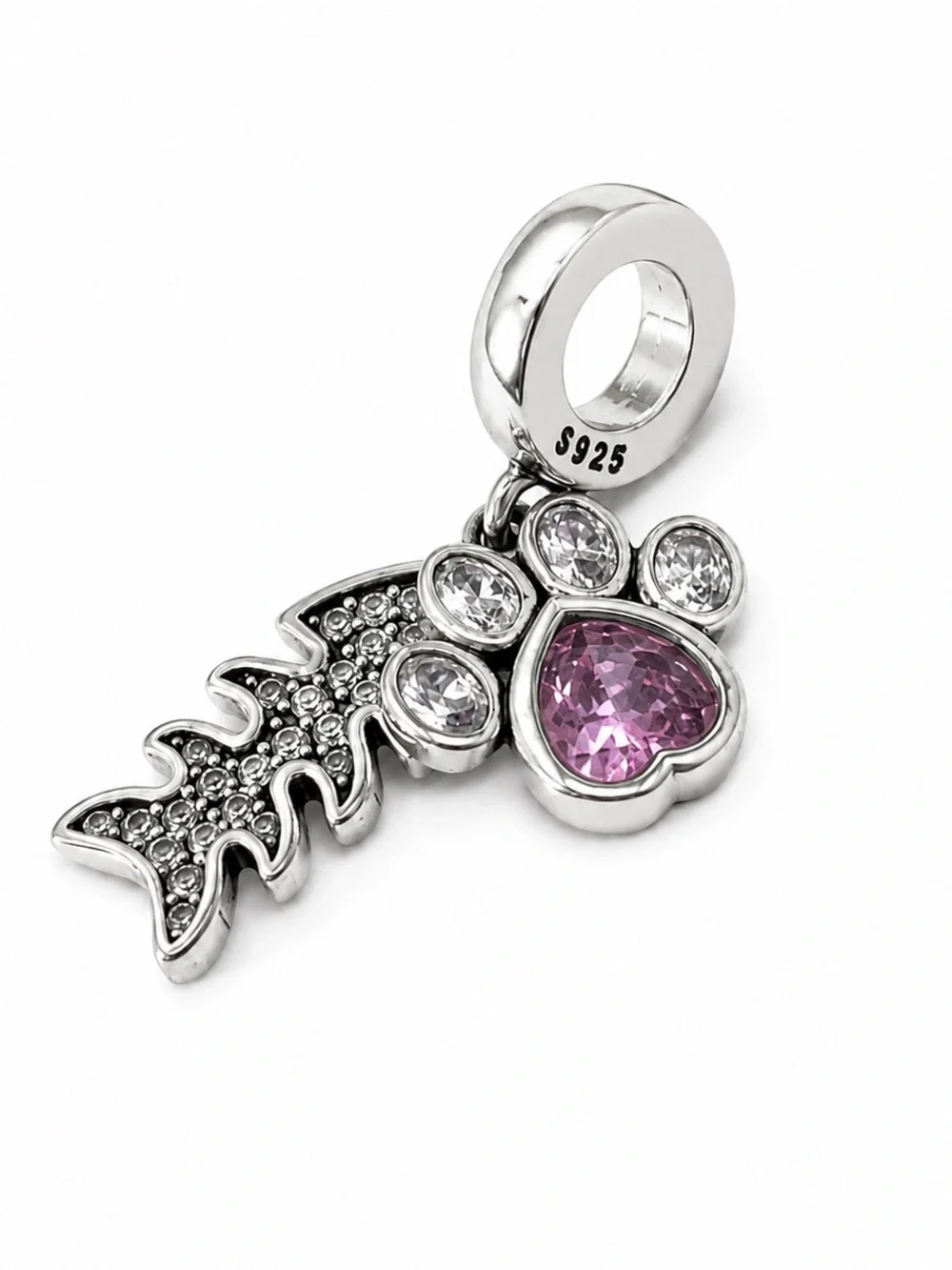 S925 Pink Paw Print & Fish Bone Dangle Charm Pendant